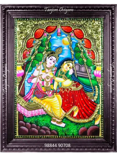 Radha Krishna on swing Tanjore painting with gold, natural background and traditional detailing